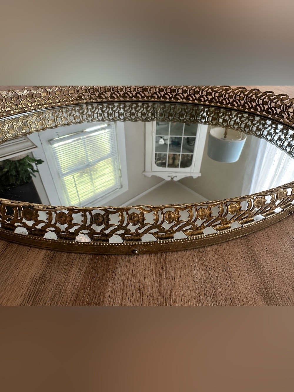 Vintage Oval Mirrored Vanity Tray Ornate Gold Filigree Hollywood Regency - Picture 3 of 4